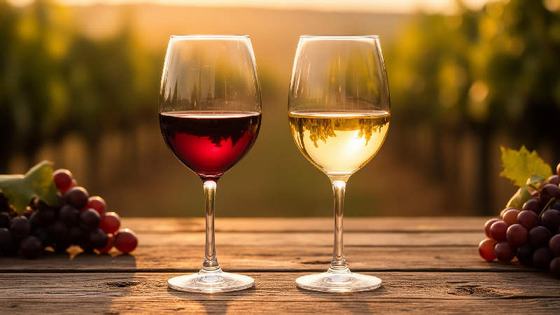 Rode en witte wijn naast elkaar op een rustieke tafel met druiven